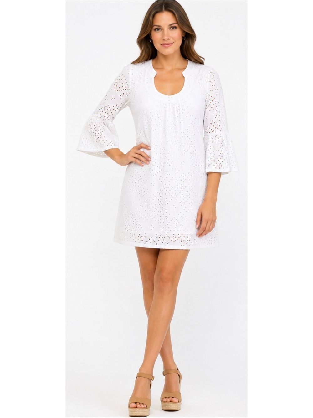 Trina Turk White Eyelet Shift Dress with Bell Sleeves 154320 size 0